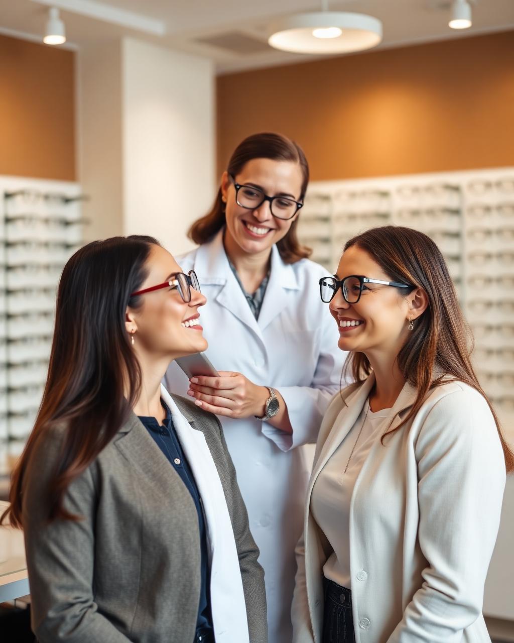 Optometrista a apoiar uma cliente na escolha de armação numa ótica moderna